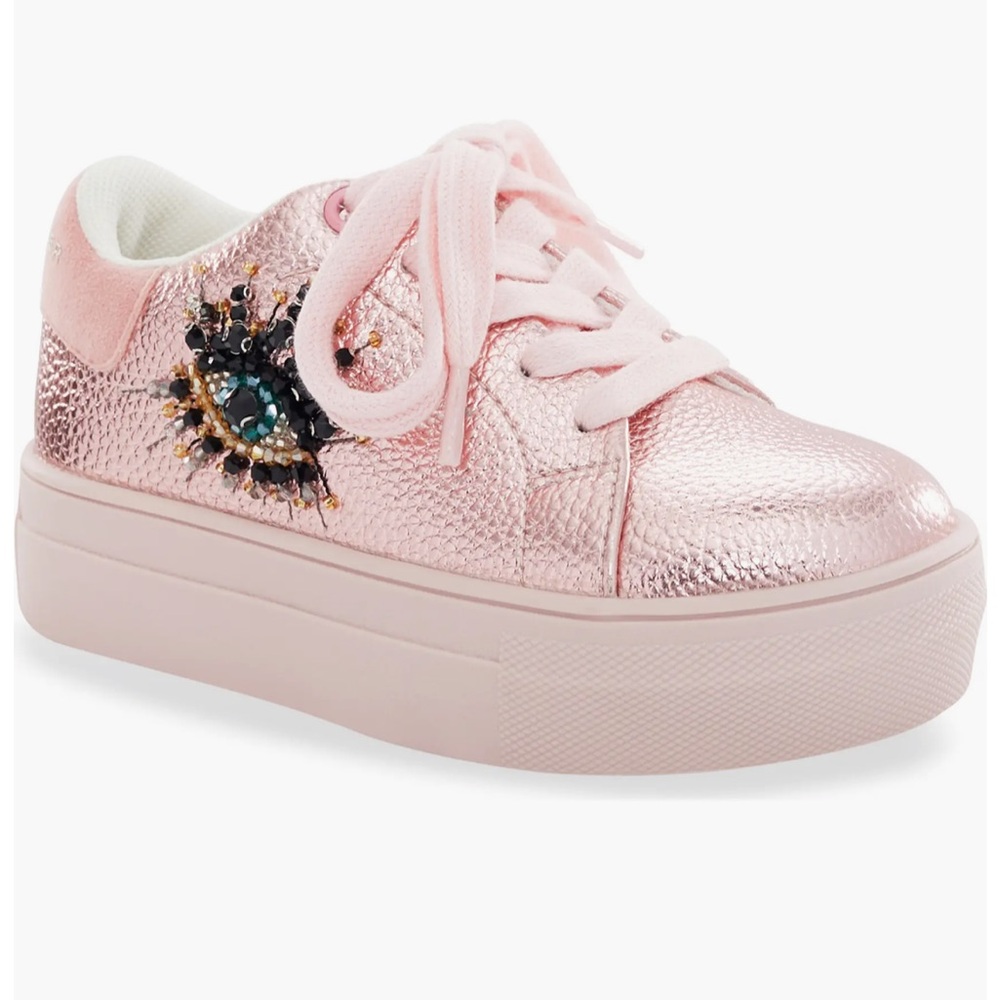 Kurt Geiger London Girls' Pink Metallic Platform Sneakers with Jewel Accent